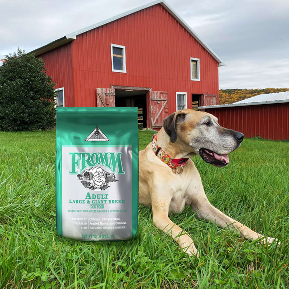Dog sitting on grass next to a bag of Fromm dog food with a red barn in the background