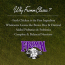 Promotional text about FROMM pet food on a green background with the FROMM logo.