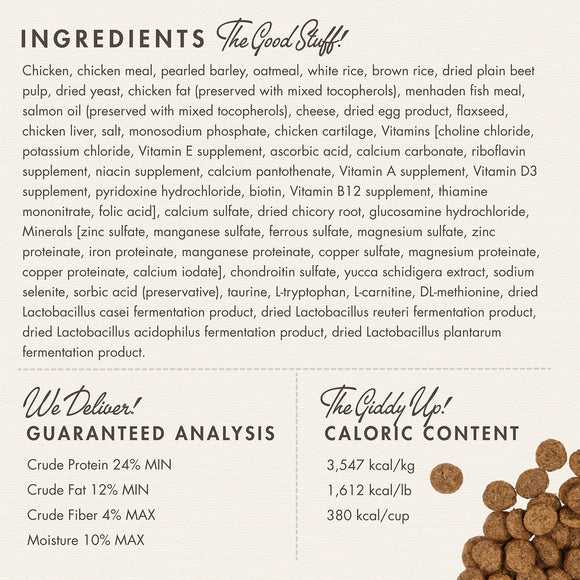 Dog food ingredient list and guaranteed analysis on a label with a small pile of dog food.