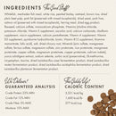 Dog food ingredient list and nutritional information on a white background
