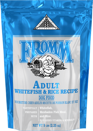 Fromm Adult Whitefish & Rice Recipe dog food packaging with blue and white design.