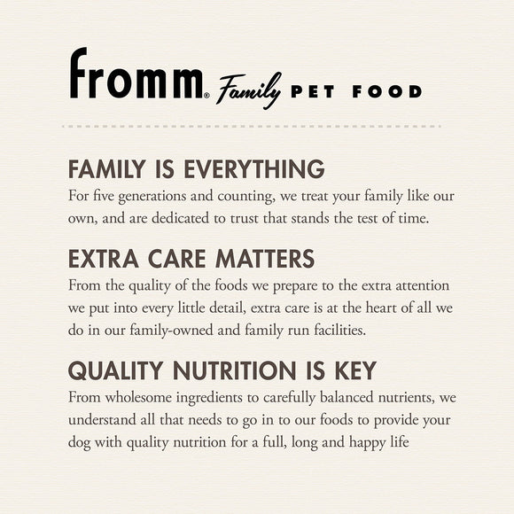 Fromm Family Pet Food advertisement with text about their commitment to pet care.