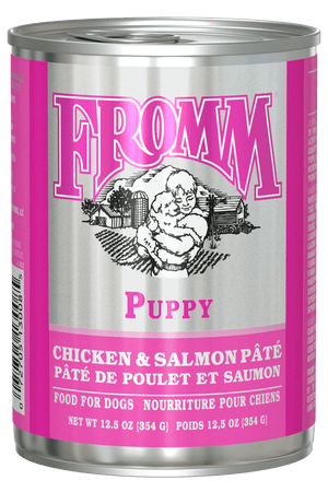 Can of Fromm Puppy Chicken & Salmon Pété on a white background
