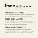 Fromm Family Pet Food advertisement with text about their commitment to pet care.