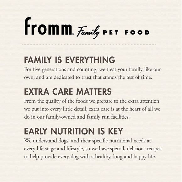 Fromm Family Pet Food advertisement with text about their commitment to pet care.