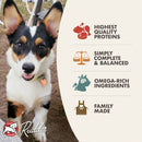 Dog with Rudder Cuties branding and product features on a white background