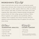 Product label with ingredients, guaranteed analysis, caloric content, and other details on a white background.