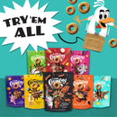 Assorted Crunchy snack packages with a cartoon character on a teal background