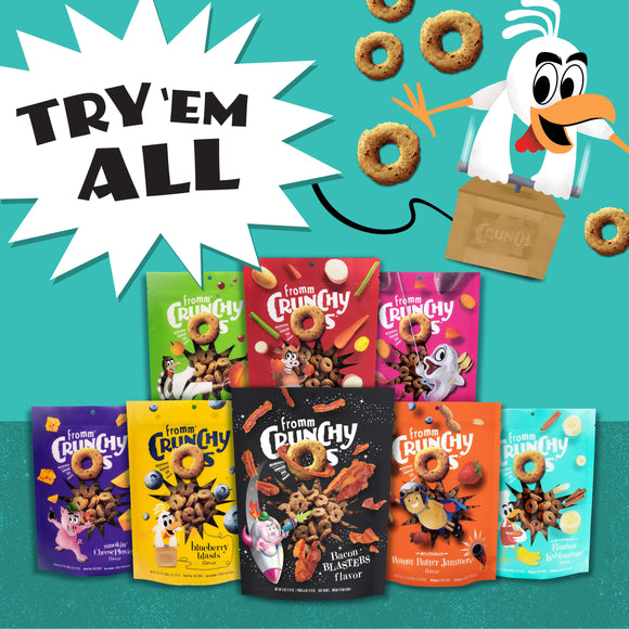 Assorted Crunchy snack packages with a cartoon character on a teal background