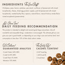 Dog food label with ingredients, feeding recommendation, guaranteed analysis, and caloric content.