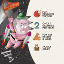 Cartoon pig with rocket boots holding bacon, surrounded by text about dog treats.