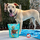 Dog standing next to a bag of Country Cuts dog treats with a blue blanket and outdoor background.