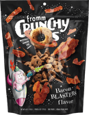Packaging of Crunchy Bones dog treats with bacon flavor on a black background