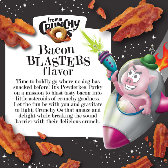 Product packaging for Crunchy Dog Bacon Blasters flavor with cartoon dog in space suit and bacon pieces.