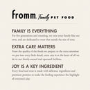 Fromm Family Pet Food branding and mission statement on a beige background
