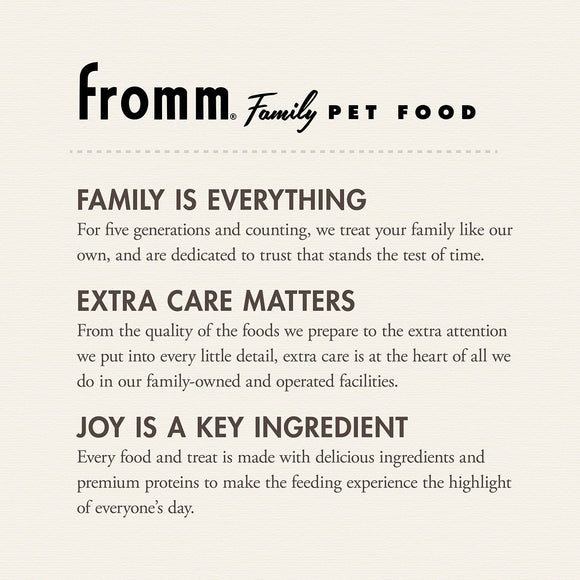 Fromm Family Pet Food branding and mission statement on a beige background