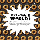 Pattern of dog treats with promotional text overlay on a black background