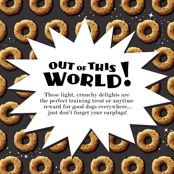Pattern of dog treats with promotional text overlay on a black background
