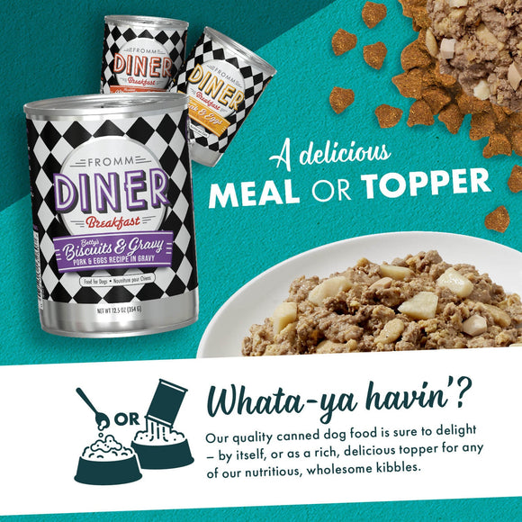 Fromm Diner canned dog food with text about meal or topper on a teal background