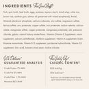 Product label with ingredients, guaranteed analysis, caloric content, and other details on a white background.
