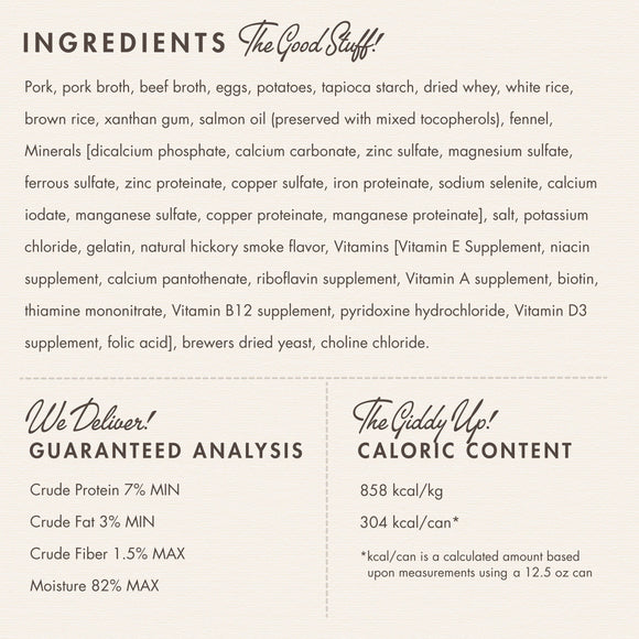 Product label with ingredients, guaranteed analysis, caloric content, and other details on a white background.