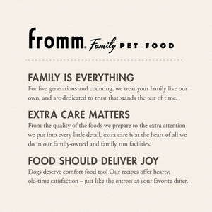 Fromm Family Pet Food advertisement with brand name and mission statement on a beige background