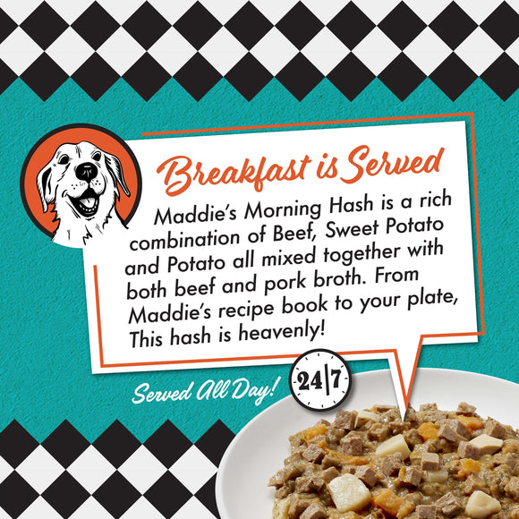 Advertisement for Maddie's Morning Hash with a dog illustration and text on a checkered background.
