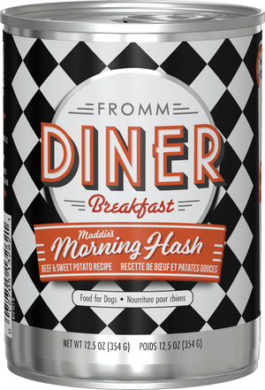 Can of Fromm Diner Breakfast Maddy's Morning Hash for dogs on a black and white checkered background