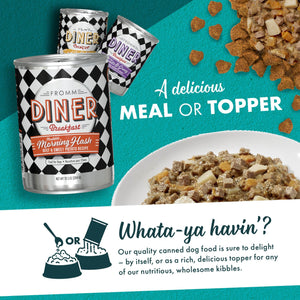 Fromm Diner canned dog food with a bowl of food and text about it being a meal or topper.