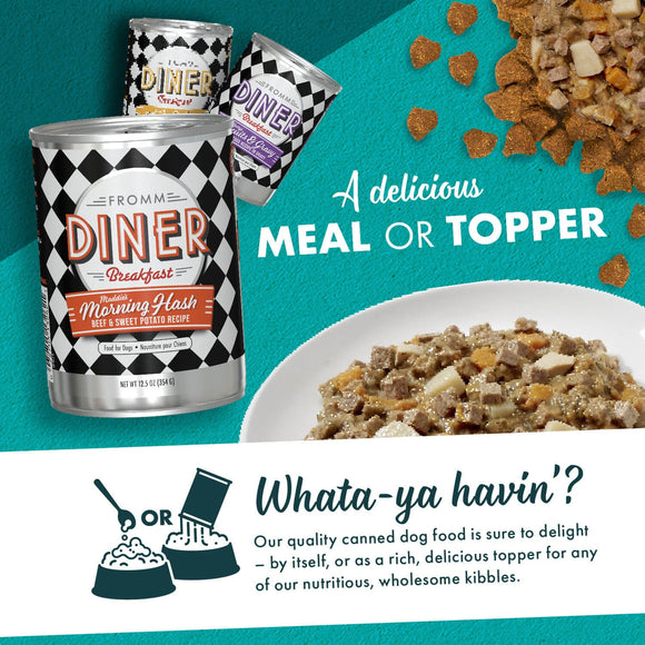 Fromm Diner canned dog food with a bowl of food and text about it being a meal or topper.