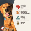 Dog with a product label highlighting quality, health benefits, and family-made aspect.
