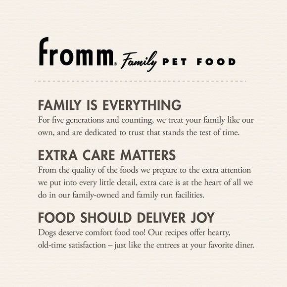 Fromm Family Pet Food advertisement with brand name and mission statement on a beige background