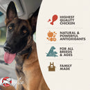 Dog with a brand advertisement highlighting product features on a white background