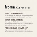 Fromm Family Pet Food advertisement with brand name and mission statement on a beige background