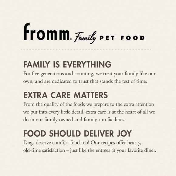 Fromm Family Pet Food advertisement with brand name and mission statement on a beige background