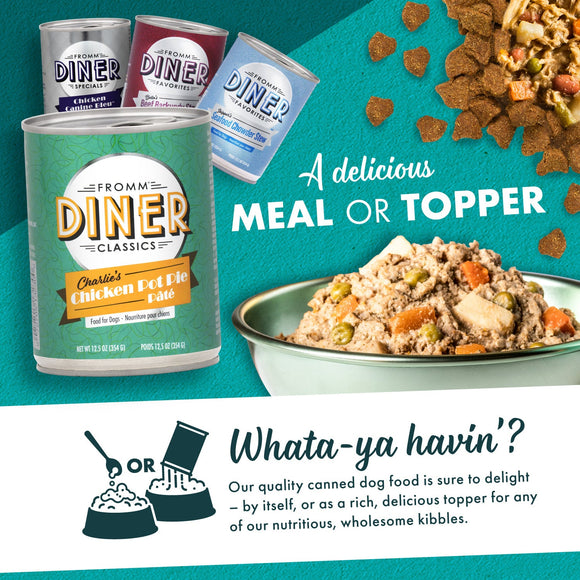 Diner Classics canned dog food with a bowl of food and text on a teal background