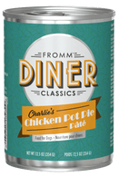 Can of Fromm Diner Classics Charlie's Chicken Pot Pie Páté for dogs on a black background