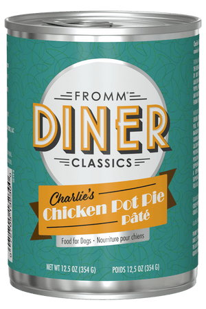 Can of Fromm Diner Classics Charlie's Chicken Pot Pie Páté for dogs on a black background
