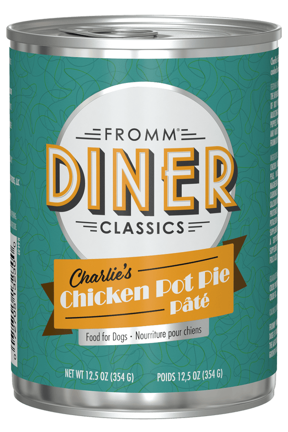 Can of Fromm Diner Classics Charlie's Chicken Pot Pie Páté for dogs on a black background