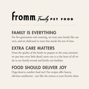 Fromm Family Pet Food advertisement with brand name and mission statement on a beige background