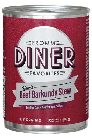Can of Fromm Diner Favorites Bella's Beef Barkundy Stew dog food on a black background