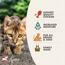 Cat on a stone surface with Keanu pet food packaging featuring product benefits.