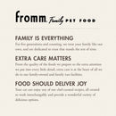 Fromm Family Pet Food advertisement with brand name and mission statement on a beige background