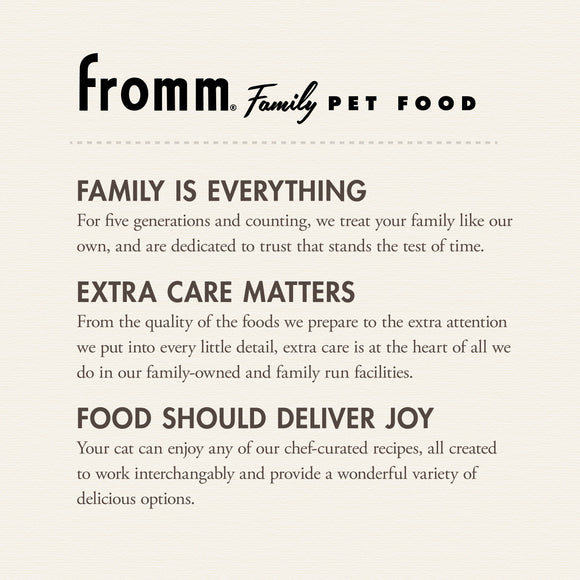 Fromm Family Pet Food advertisement with brand name and mission statement on a beige background
