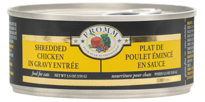 Can of Fromm Shredded Chicken in Gravy Entrée for cats on a white background