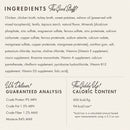 Product label with ingredients, guaranteed analysis, and caloric content on a beige background