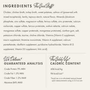 Product label with ingredients, guaranteed analysis, and caloric content on a beige background