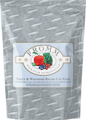 Package of Fromm Four-Star Nutritional Trout & Whitefish Recipe cat food with a gray background