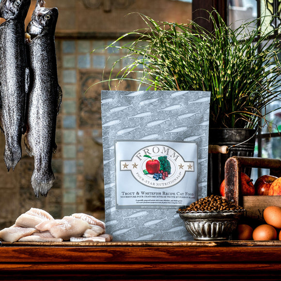 Fromm cat food package on a wooden surface with fish and other items.