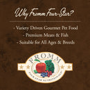 Promotional graphic for Fromm Four-Star pet food with text and logo on a brown background